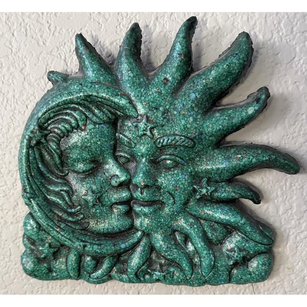 Vintage 11.5" Crushed Turquoise Sun & Moon Wall Plaque Celestial Eclipse Art